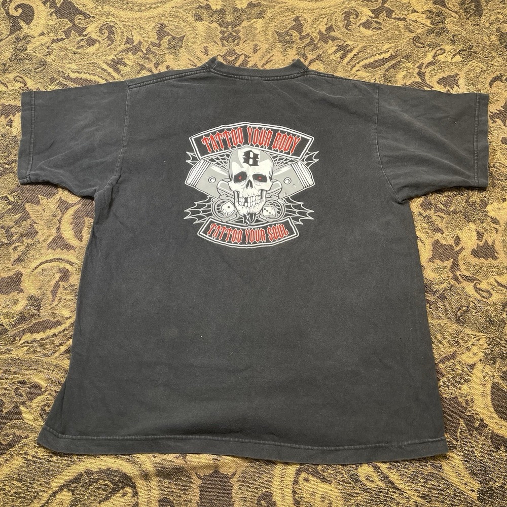 Vtg Y2K Gildan Black T-Shirt Mens Large Tattoo Your Soul Skull Chest Graphic